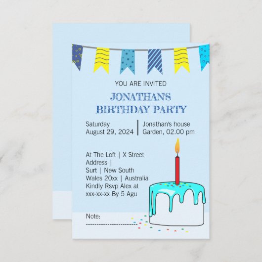 誕生日カラフルパーティーの招待子供へ (正面/裏面)