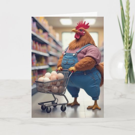 誕生日カートに卵を入れたショッピング鶏 カード (正面)