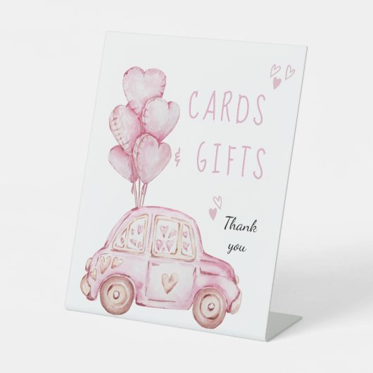 誕生日カードとギフトピンクの風船と車 台座サイン (正面)