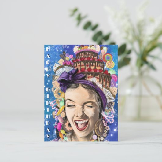 誕生日カードとハッピーウーマンおもしろい- ポストカード (スタンド正面)