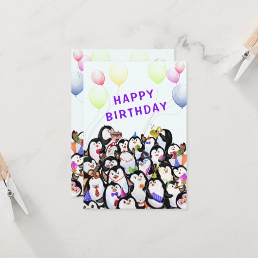 誕生日カードとハッピーペンギンパーティー カード (正面/裏面インサイチュ)