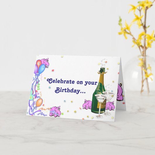 誕生日カードとパーティー好きのピンクのゾウ カード (黄色い花)