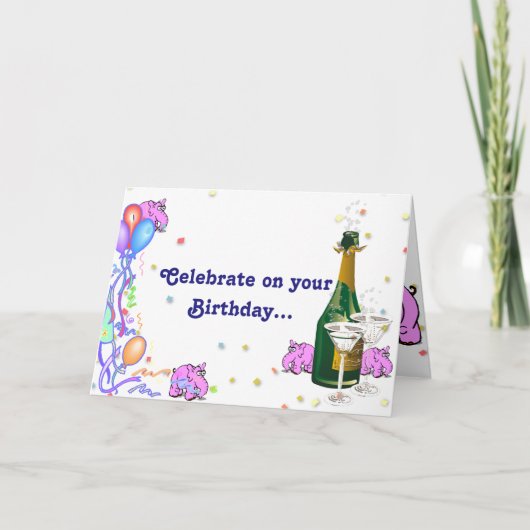 誕生日カードとパーティー好きのピンクのゾウ カード (正面)