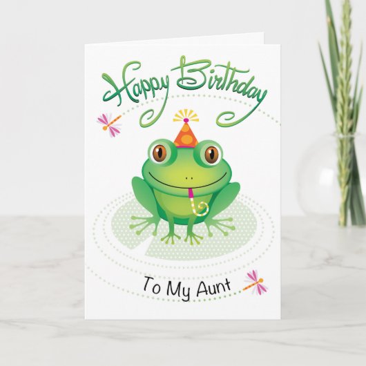 誕生日カードの先端を持つ叔母おもしろいカエル カード (正面)