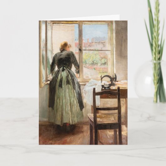 誕生日カードの女性と裁縫機械を描く。 シーズンカード (正面)