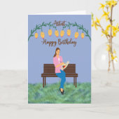 誕生日カードを使ったベンチのアーティストガール絵画ズ カード (黄色い花)