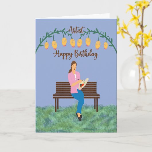 誕生日カードを使ったベンチのアーティストガール絵画ズ カード (黄色い花)
