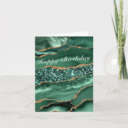 誕生日カードアガテグリーン金ゴールドグリッターエメラルド ノートカード (正面)