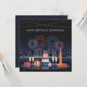 誕生日カードデザイン（花火と街並み） カード (正面/裏面インサイチュ)