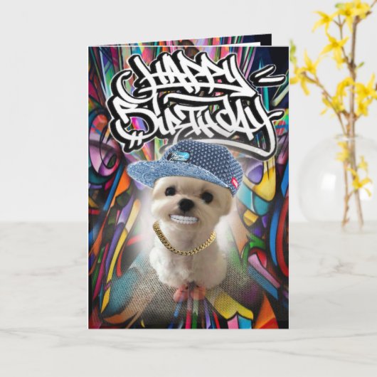 誕生日カードヒップホップ子犬 カード (黄色い花)