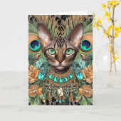 誕生日カードベンガルタイガーキャットピーコックフェザー カード (黄色い花)