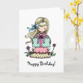 誕生日カード小さな女の子保持プレゼント カード (黄色い花)