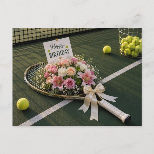 誕生日カード用の花がいっぱいのテニスボール ポストカード (正面)