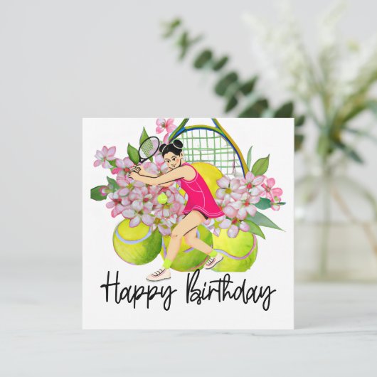 誕生日カード用の花がたくさん付いたテニスボール カード (スタンド正面)