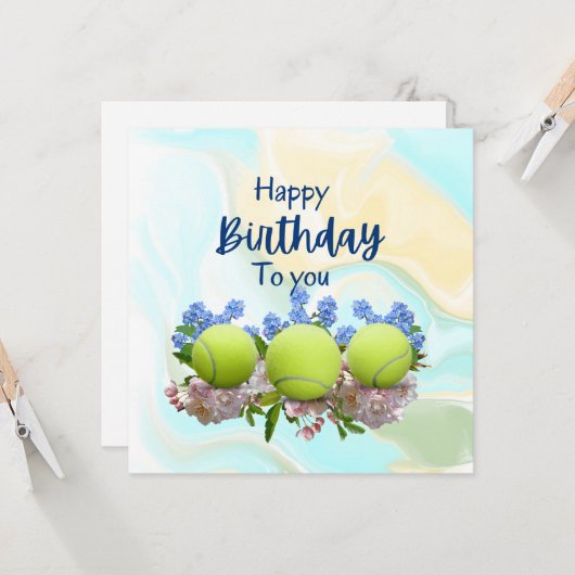 誕生日カード用の花がたくさん付いたテニスボール カード (正面/裏面インサイチュ)