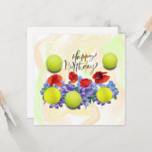 誕生日カード用の花がたくさん付いたテニスボール カード (正面/裏面インサイチュ)