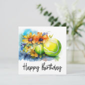 誕生日カード用の花がたくさん付いたテニスボール カード (スタンド正面)