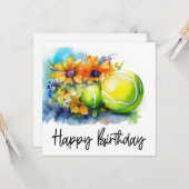 誕生日カード用の花がたくさん付いたテニスボール カード (正面/裏面インサイチュ)