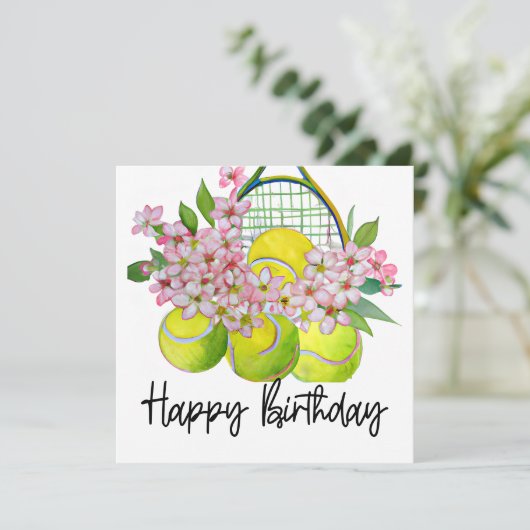 誕生日カード用の花がたくさん付いたテニスボール カード (スタンド正面)