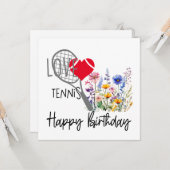 誕生日カード用の花がたくさん付いたテニスボール カード (正面/裏面インサイチュ)