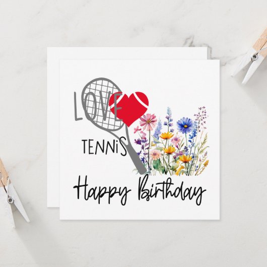 誕生日カード用の花がたくさん付いたテニスボール カード (正面/裏面インサイチュ)