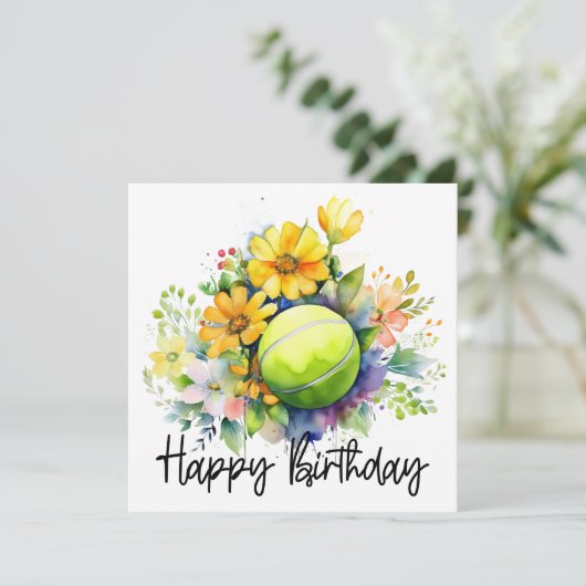 誕生日カード用の花がたくさん付いたテニスボール カード (スタンド正面)