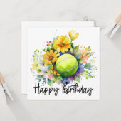 誕生日カード用の花がたくさん付いたテニスボール カード (正面/裏面インサイチュ)