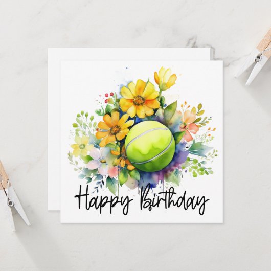 誕生日カード用の花がたくさん付いたテニスボール カード (正面/裏面インサイチュ)