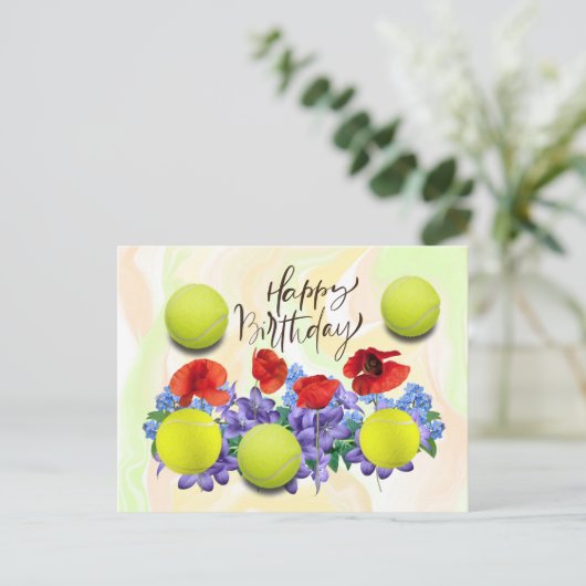 誕生日カード用の花がたくさん付いたテニスボール ポストカード (スタンド正面)