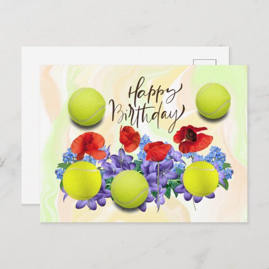 誕生日カード用の花がたくさん付いたテニスボール ポストカード (正面/裏面)