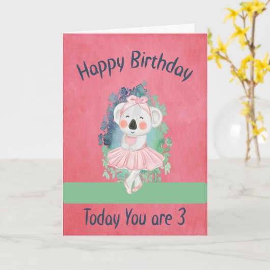 誕生日カード3歳の女の子と踊りベア カード (黄色い花)