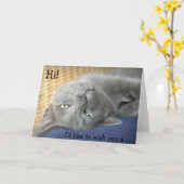 誕生日カード:グレー・キャットはハッピーバースデーを願う! カード (黄色い花)