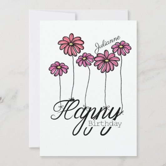誕生日カード ピンクの花の風船と名前入り カード (正面)