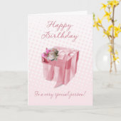 誕生日カード – ピンクギフトボックス – 非常に特別な カード (黄色い花)