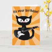 誕生日カード - ロッカー黒猫のカートゥーン猫 ギター カード (黄色い花)