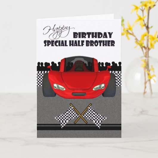 誕生日カード(異母兄弟用)、レーシングカー カード (黄色い花)