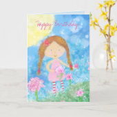 誕生日カード、誕生日ガール、カワイイガール カード (黄色い花)