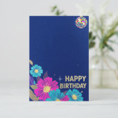 誕生日カード 青 モダン 花 レトロ カード (スタンド正面)