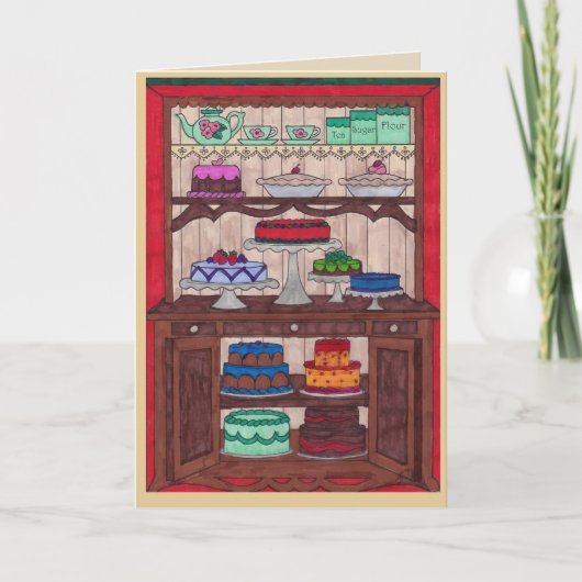 誕生日カード – 食器棚のケーキ カード (正面)