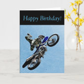 誕生日カード: MOTOCROSSトリックを行う男と カード (黄色い花)