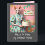 誕生日カード | Sphynx Cat Lady withお誕生日ケーキ カード<br><div class="desc">ハッピーバースデー親愛友達。キャンドルとお誕生日ケーキを持つスフィンクス猫の女性。</div>