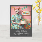 誕生日カード | Sphynx Cat Lady withお誕生日ケーキ カード (黄色い花)