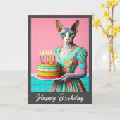 誕生日カード | Sphynx Cat Lady withお誕生日ケーキ カード (黄色い花)