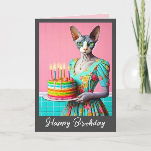誕生日カード | Sphynx Cat Lady withお誕生日ケーキ カード (正面)