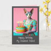 誕生日カード | Sphynx Cat Lady withお誕生日ケーキ カード (黄色い花)