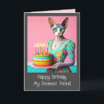 誕生日カード | Sphynx Cat Lady withお誕生日ケーキ カード<br><div class="desc">ハッピーバースデー親愛友達。キャンドルとお誕生日ケーキを持つスフィンクス猫の女性。</div>