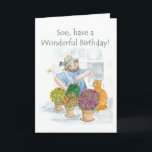 誕生日カードfor a son - Gardening カード<br><div class="desc">男が植物の世話を楽しんでいる息子のための誕生日カード、ジュディ・アダムソンの水色イラストレーションから。店内の感じ文字を自由に編集または削除し、私の店を通してフロントカバーの文字に変更を要求する。</div>