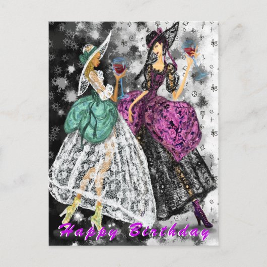 誕生日カーモダンドレディース飲用ワイン – 応援 ポストカード (正面)