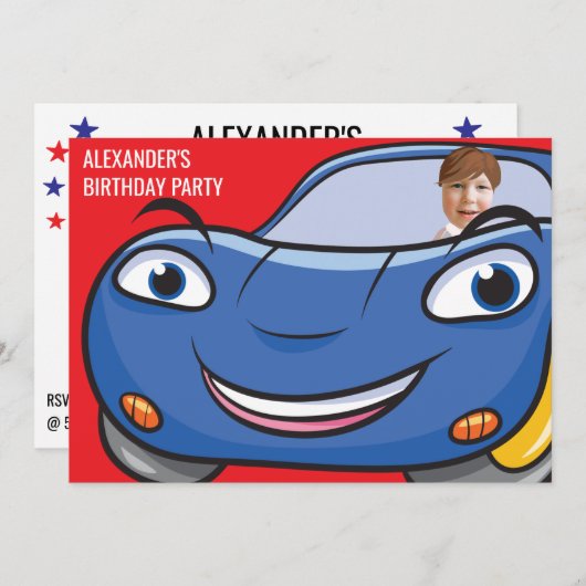 誕生日カー車のカおもしろいートゥーンクリエイティブFab 招待状 (正面/裏面)