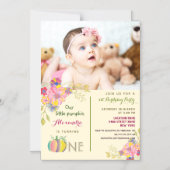 誕生日ガールかぼちゃピンクフローラ写真 マグネット招待状 (正面)